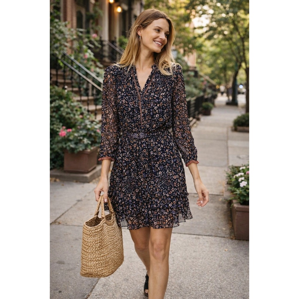 Hale Bob Joan Dress Floral Mesh Crepe Midi Sheath Dress Size Small w/ Belt $280